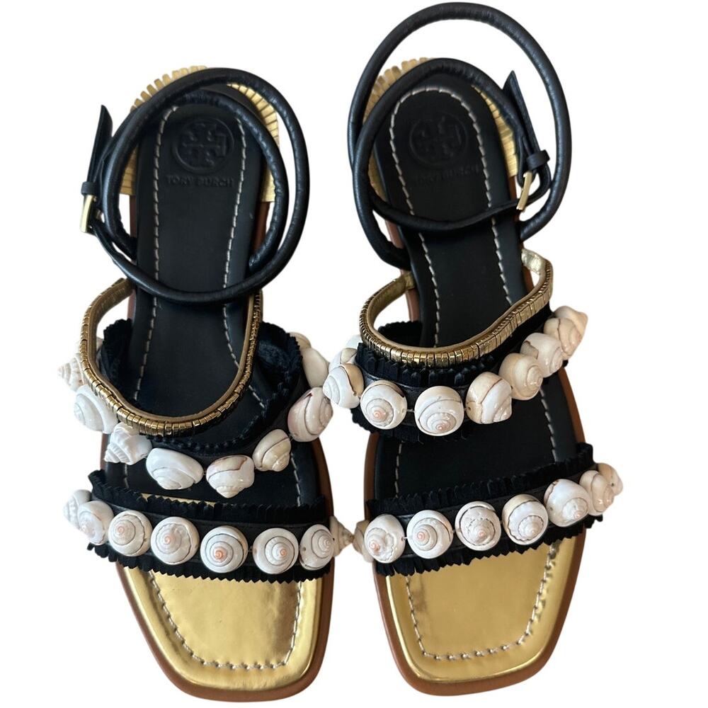 Tory Burch Sinclair Sandals Black Gold Seashell Flat 7.5 - Picture 2 of 11